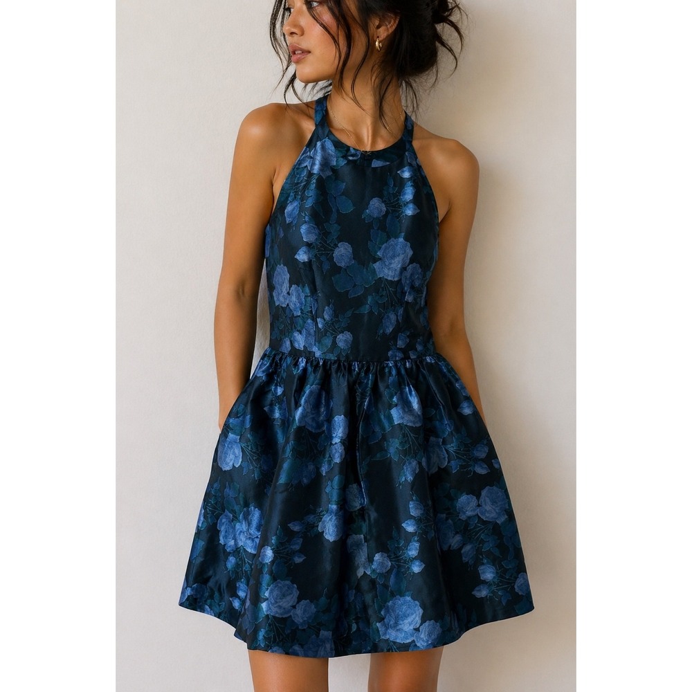 ModCloth Wendy Bird Teal Blue Floral Halter Dress Fit Flare Size 12 Garden Party